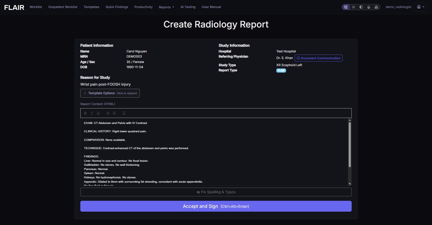 FLAIR report creation page with the AI Assistant side panel fully hidden, showing a full dictated report pasted directly into the Report Content field as the only input