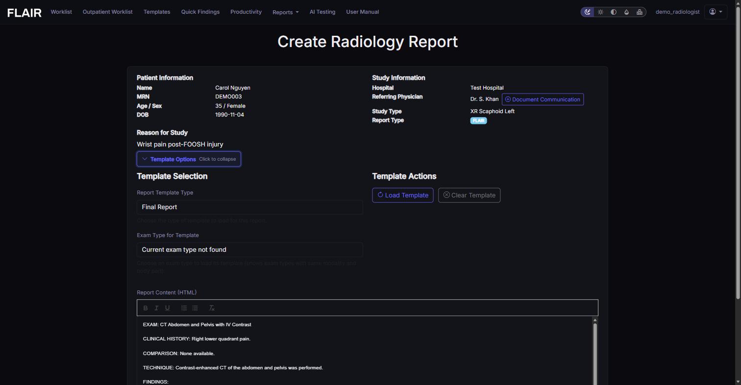Template Options panel expanded, showing Report Template Type and Exam Type dropdowns with Load Template and Clear Template buttons